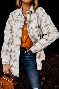 Button Down Pocketed Plaid Shirt Boyfriend Shacket Jacket PRETTYGARDEN