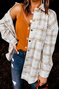 Button Down Pocketed Plaid Shirt Boyfriend Shacket Jacket PRETTYGARDEN