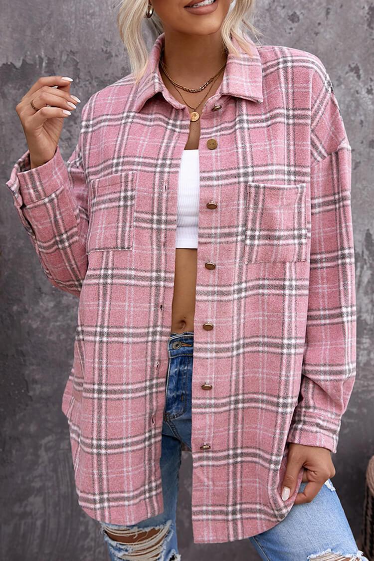 Button Down Pocketed Plaid Shirt Boyfriend Shacket Jacket PRETTYGARDEN