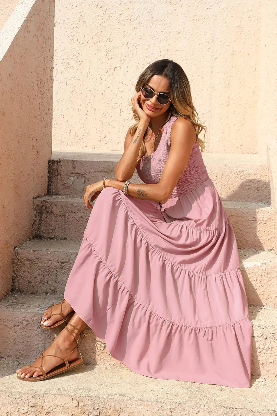 Casual Loose Smocked Tank Sleeveless Summer Beach Tiered Long Maxi Dress PRETTYGARDEN