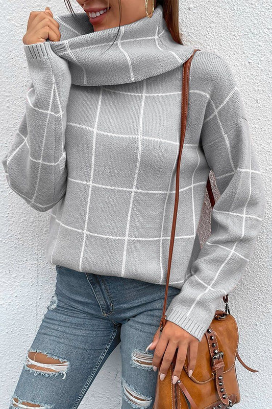 Cowl  Neck  Long Sleeve Plaid Side Split Knit Sweater PRETTYGARDEN