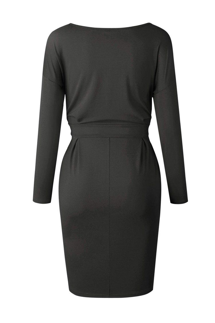 Crewneck Daily Work Party Bodycon Sheath Belted Short Dress PRETTYGARDEN