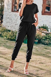 Crewneck Drawstring Elasitic Waist Jumpsuit PRETTYGARDEN