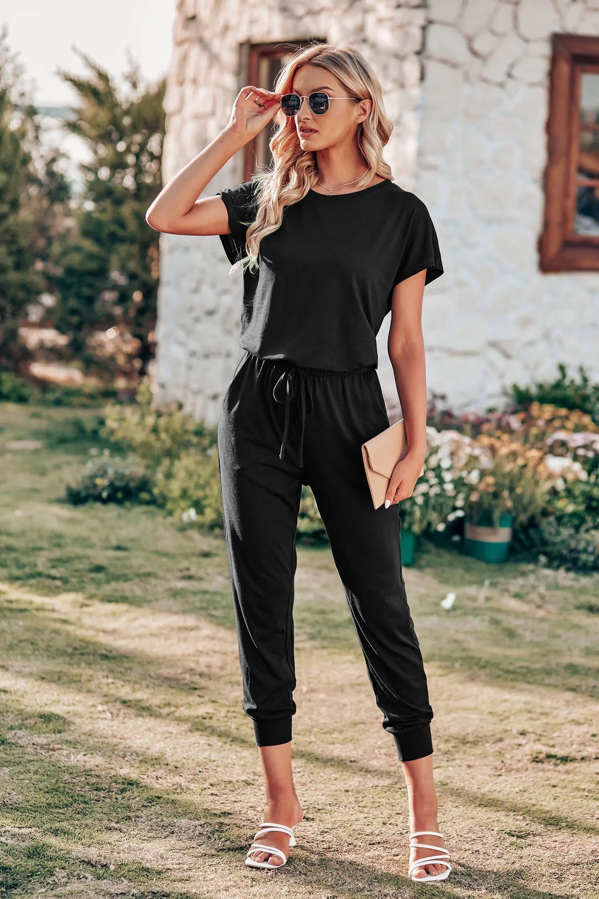 Crewneck Drawstring Elasitic Waist Jumpsuit PRETTYGARDEN