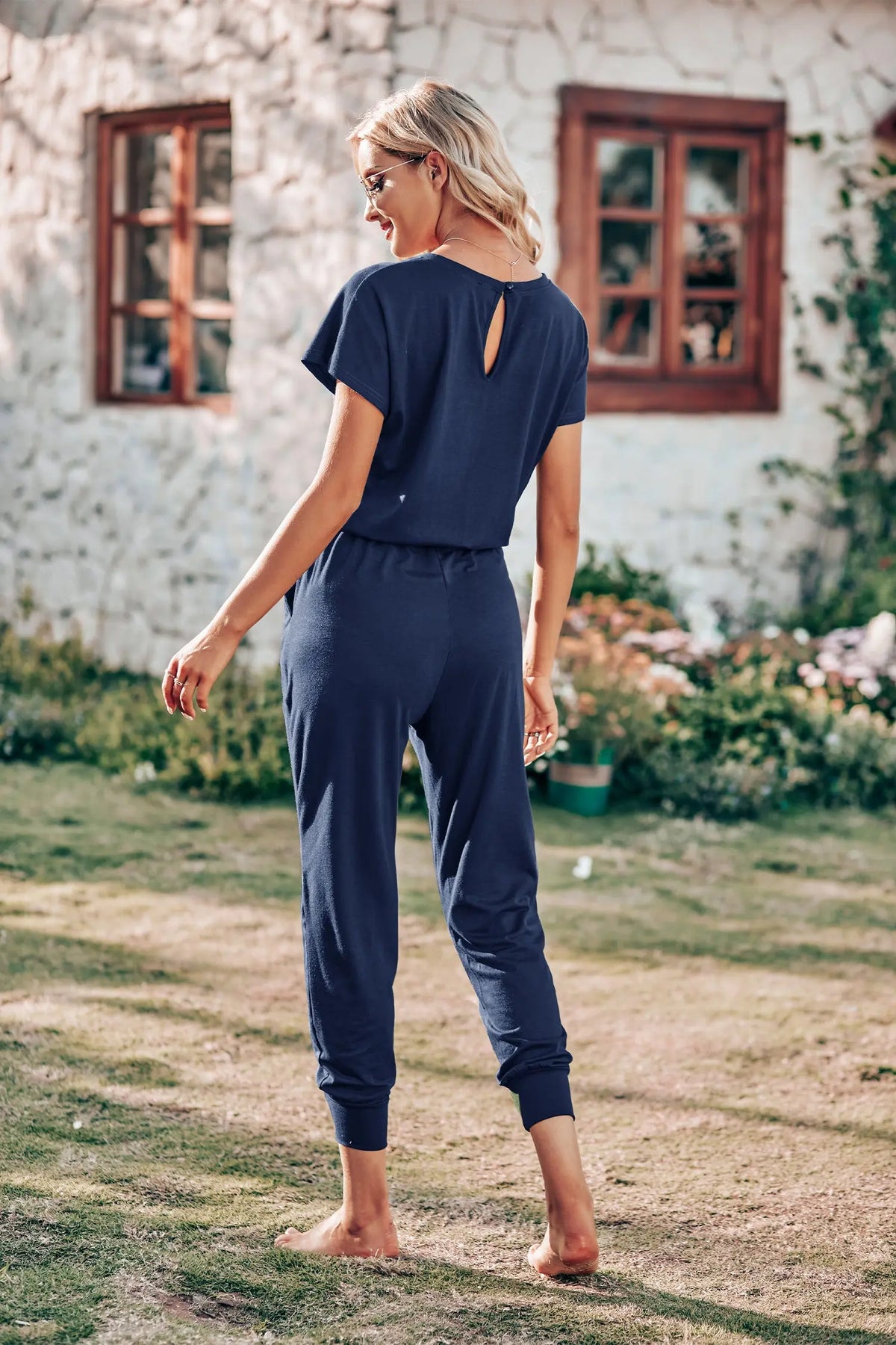 Crewneck Drawstring Elasitic Waist Jumpsuit PRETTYGARDEN