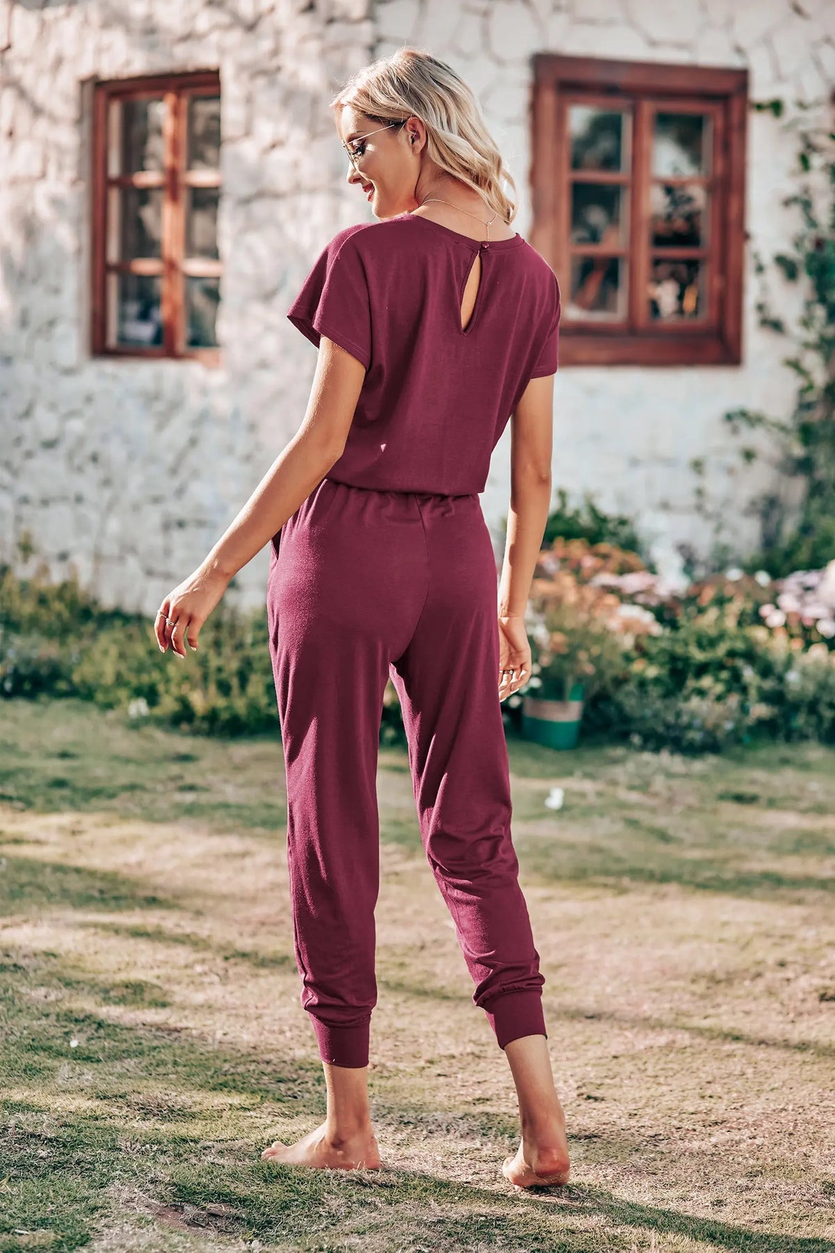 Crewneck Drawstring Elasitic Waist Jumpsuit PRETTYGARDEN