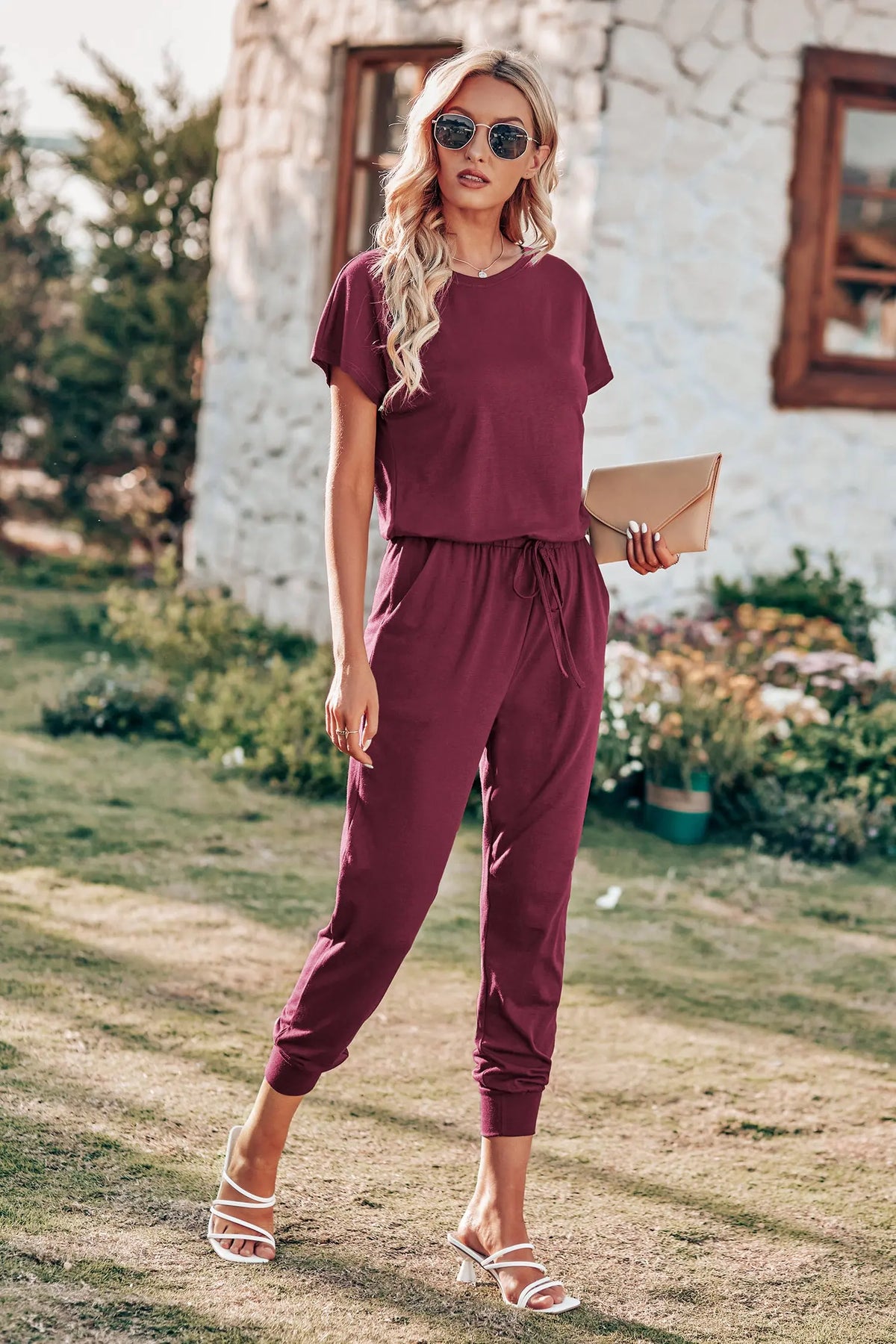 Crewneck Drawstring Elasitic Waist Jumpsuit PRETTYGARDEN