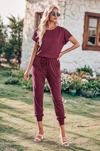 Crewneck Drawstring Elasitic Waist Jumpsuit PRETTYGARDEN