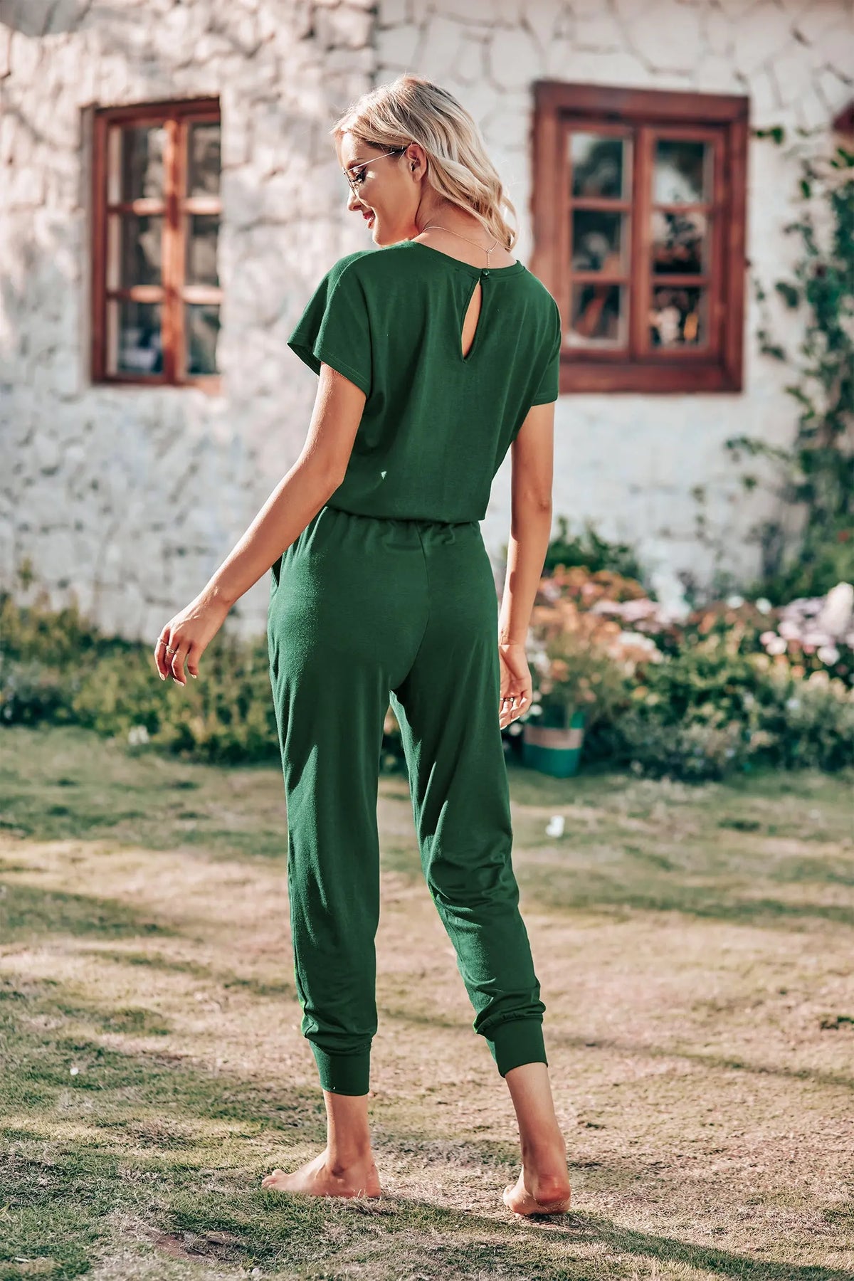 Crewneck Drawstring Elasitic Waist Jumpsuit PRETTYGARDEN