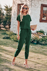 Crewneck Drawstring Elasitic Waist Jumpsuit PRETTYGARDEN