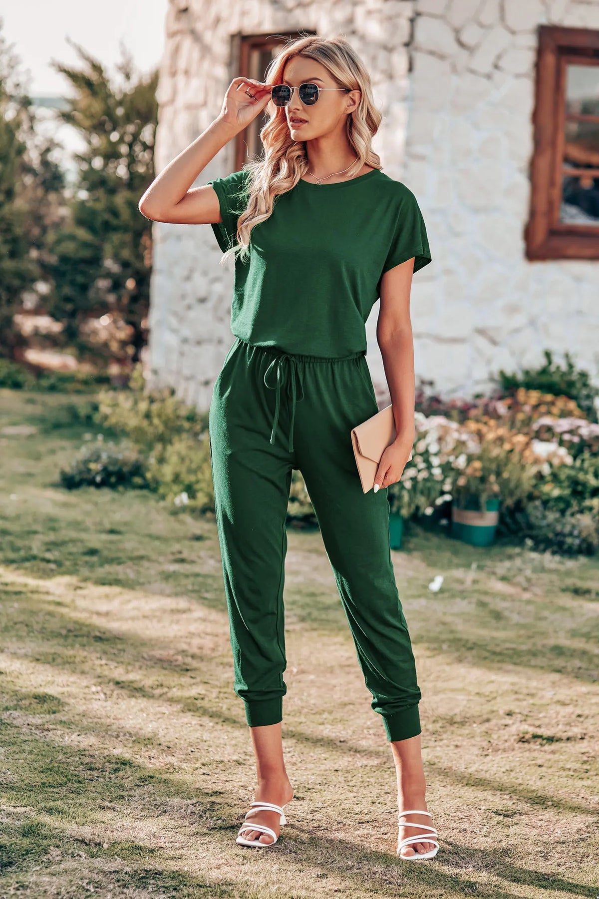 Crewneck Drawstring Elasitic Waist Jumpsuit PRETTYGARDEN