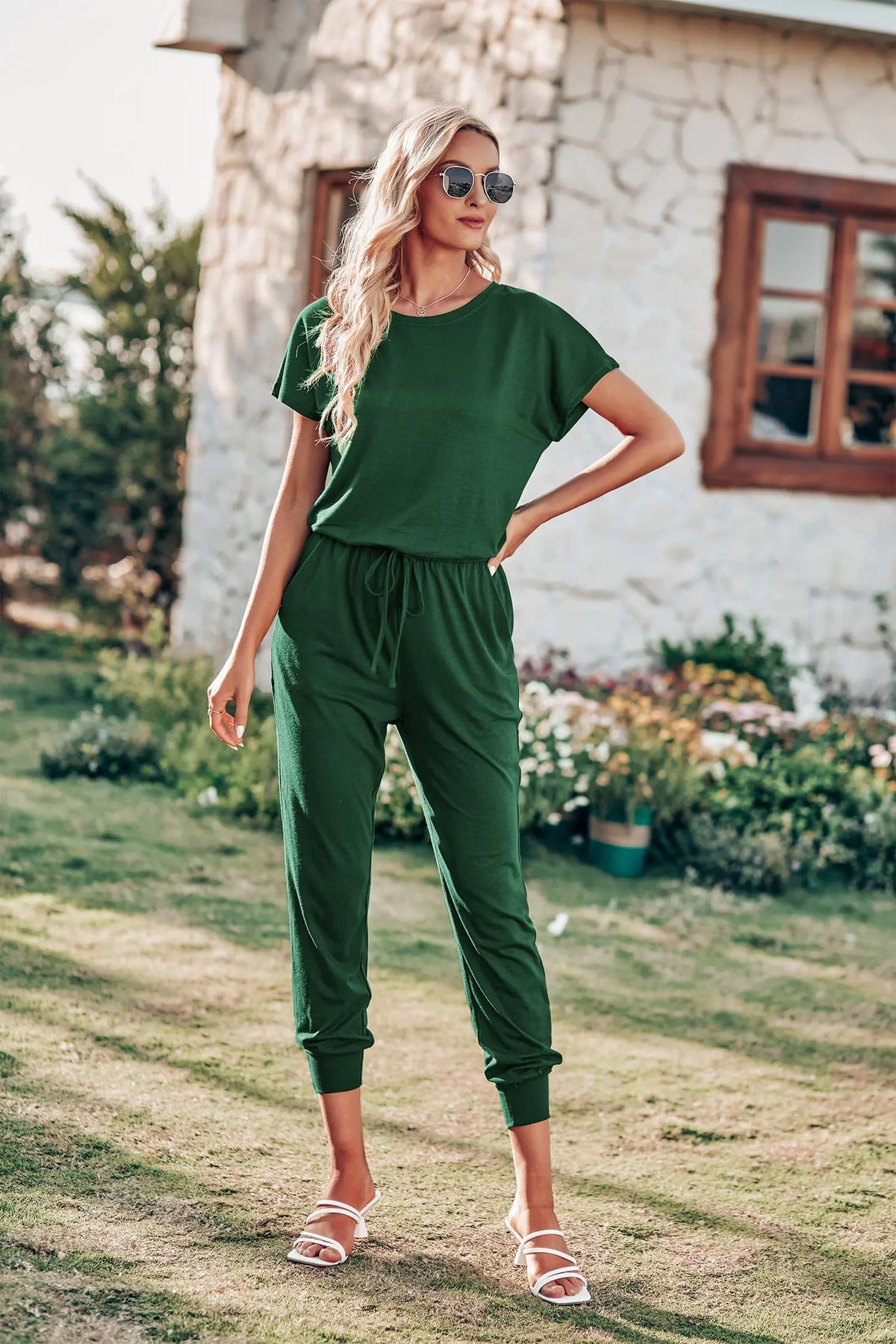 Crewneck Drawstring Elasitic Waist Jumpsuit PRETTYGARDEN