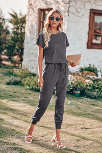 Crewneck Drawstring Elasitic Waist Jumpsuit PRETTYGARDEN