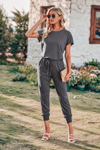 Crewneck Drawstring Elasitic Waist Jumpsuit PRETTYGARDEN