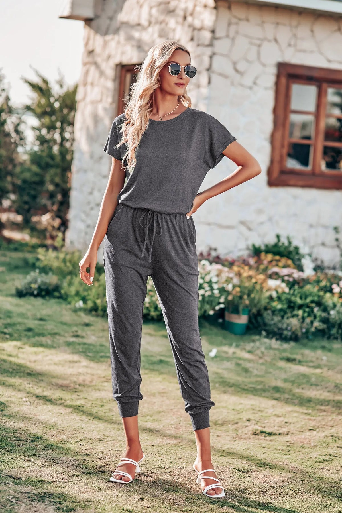 Crewneck Drawstring Elasitic Waist Jumpsuit PRETTYGARDEN