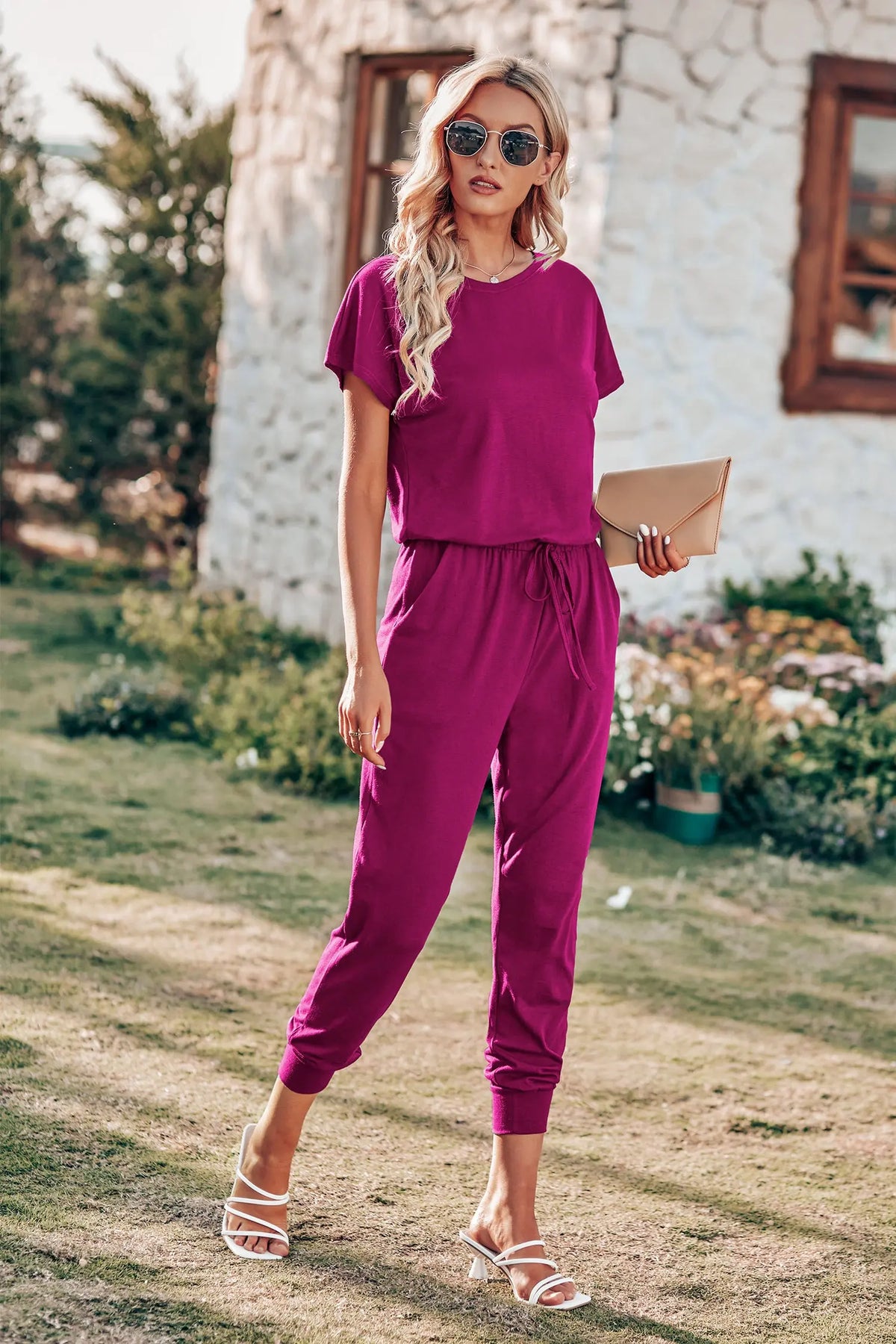 Crewneck Drawstring Elasitic Waist Jumpsuit PRETTYGARDEN