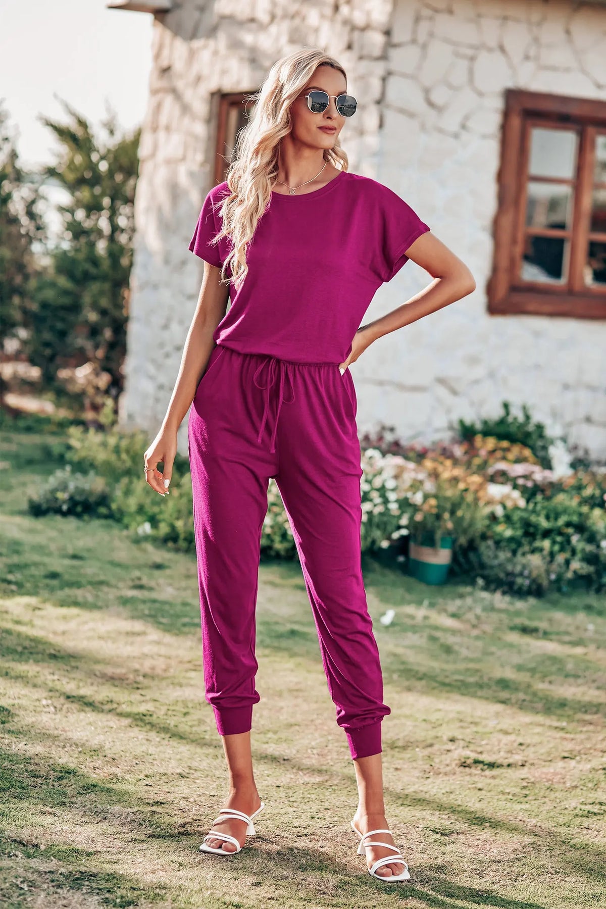 Crewneck Drawstring Elasitic Waist Jumpsuit PRETTYGARDEN