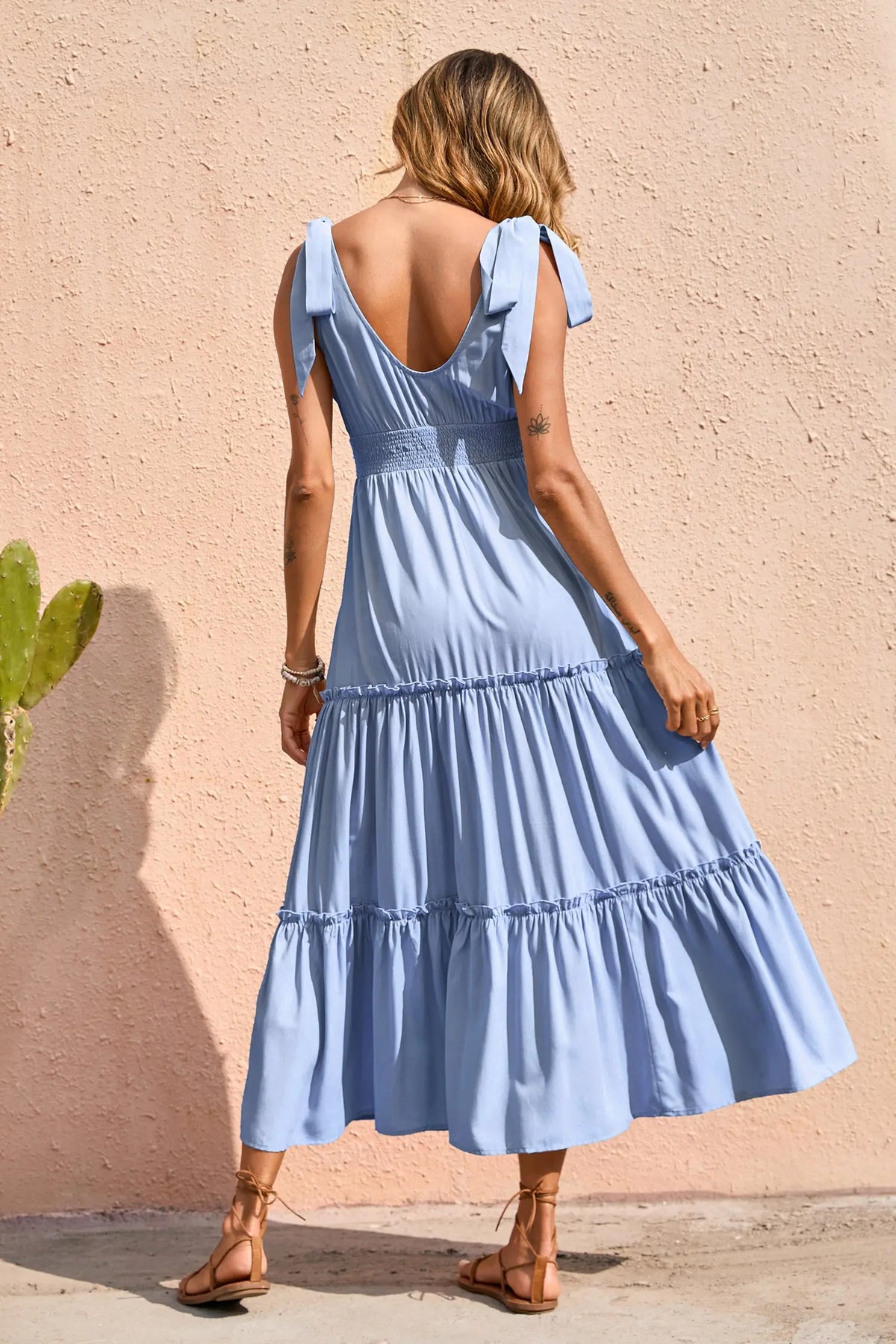 Cross Neck Sleeveless Tiered Beach Tie Strap Smocked Maxi Dress PRETTYGARDEN