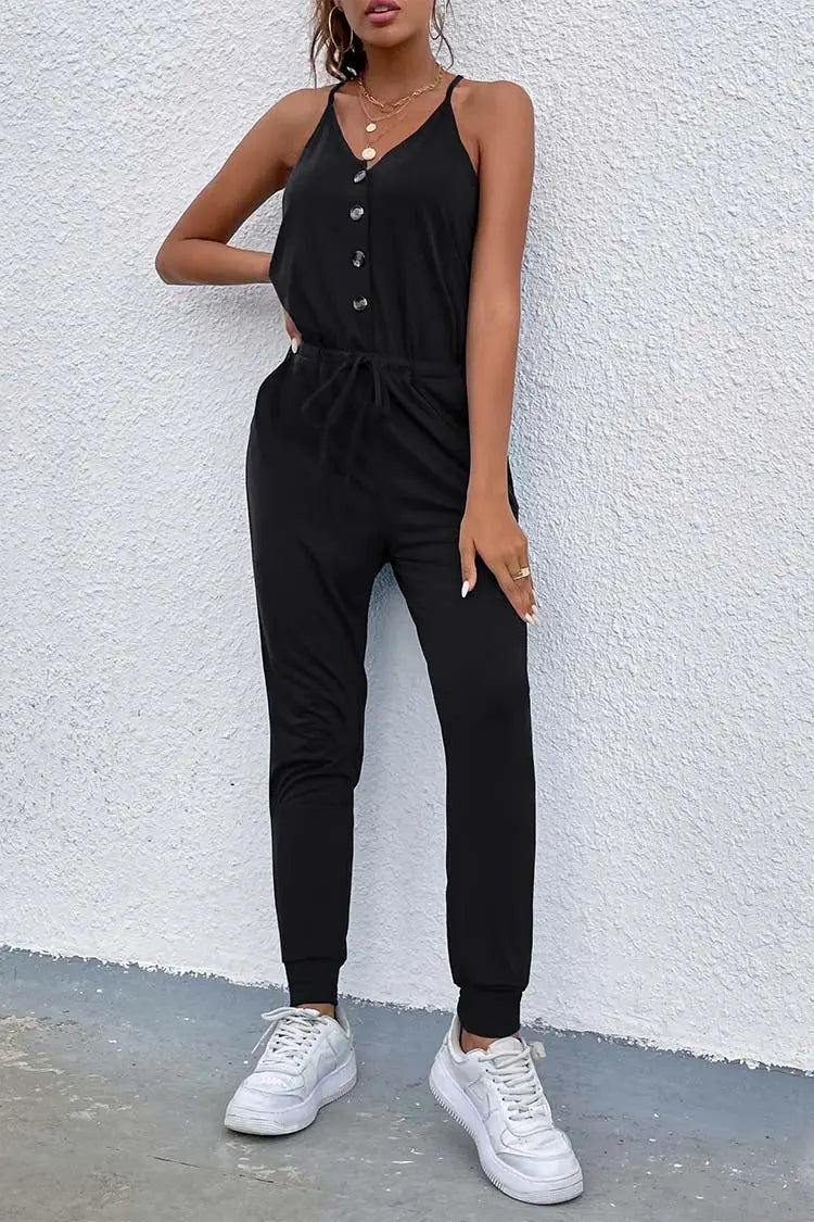 Deep V Neck Button Down Spaghetti Strap Jumpsuit PRETTYGARDEN