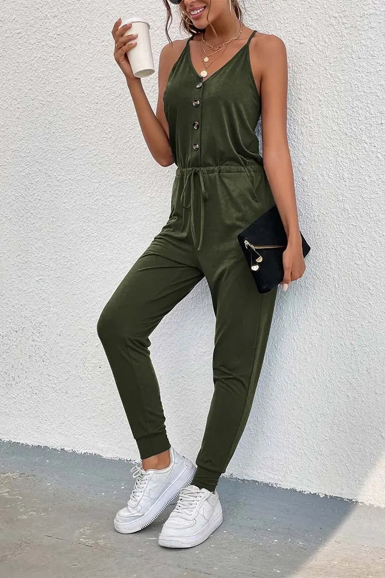 Deep V Neck Button Down Spaghetti Strap Jumpsuit PRETTYGARDEN