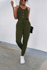 Deep V Neck Button Down Spaghetti Strap Jumpsuit PRETTYGARDEN