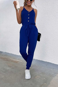 Deep V Neck Button Down Spaghetti Strap Jumpsuit PRETTYGARDEN