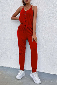 Deep V Neck Button Down Spaghetti Strap Jumpsuit PRETTYGARDEN