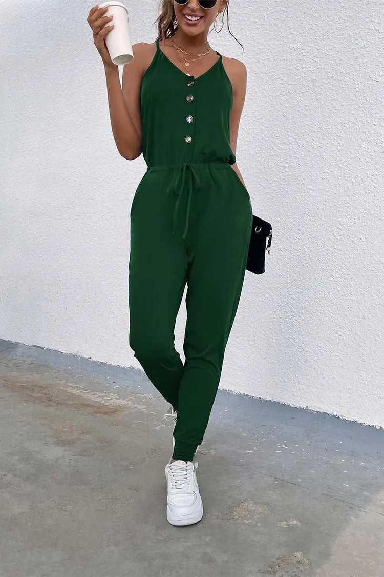 Deep V Neck Button Down Spaghetti Strap Jumpsuit PRETTYGARDEN