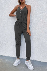 Deep V Neck Button Down Spaghetti Strap Jumpsuit PRETTYGARDEN