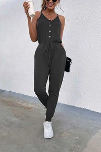 Deep V Neck Button Down Spaghetti Strap Jumpsuit PRETTYGARDEN