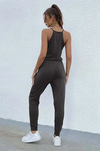 Deep V Neck Button Down Spaghetti Strap Jumpsuit PRETTYGARDEN