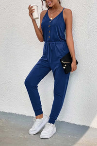 Deep V Neck Button Down Spaghetti Strap Jumpsuit PRETTYGARDEN