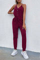 Deep V Neck Button Down Spaghetti Strap Jumpsuit PRETTYGARDEN