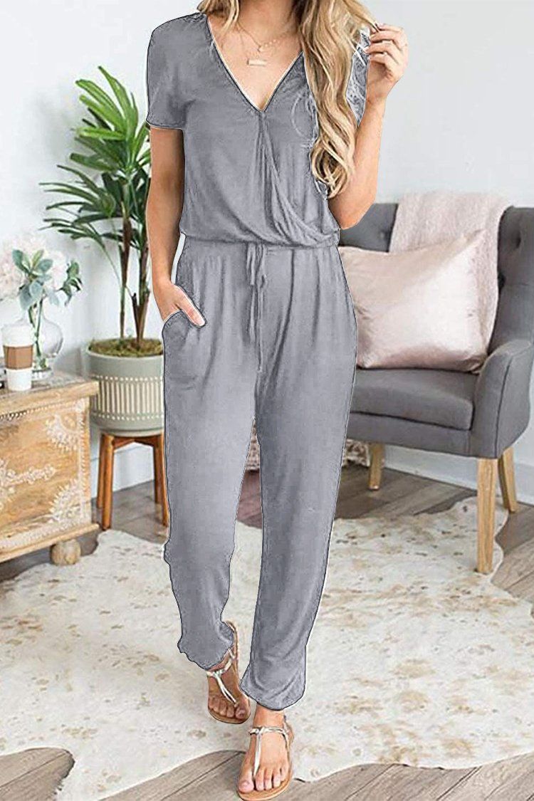 Deep V Neck Wrap Drawstring Waist Jumpsuit PRETTYGARDEN