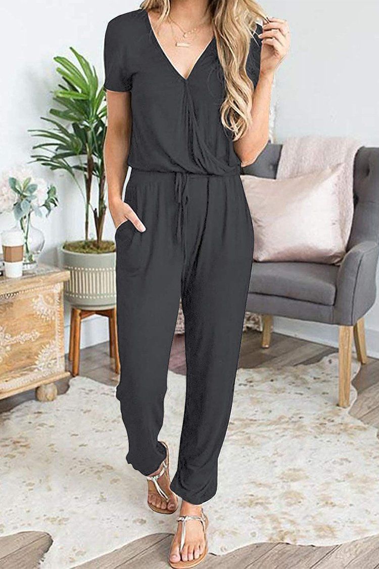 Deep V Neck Wrap Drawstring Waist Jumpsuit PRETTYGARDEN