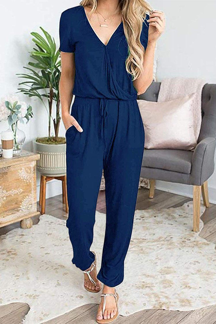 Deep V Neck Wrap Drawstring Waist Jumpsuit PRETTYGARDEN