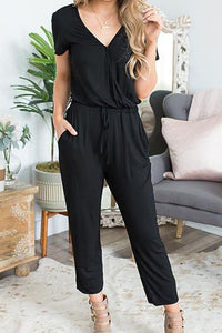 Deep V Neck Wrap Drawstring Waist Jumpsuit PRETTYGARDEN