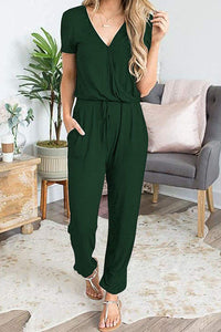 Deep V Neck Wrap Drawstring Waist Jumpsuit PRETTYGARDEN