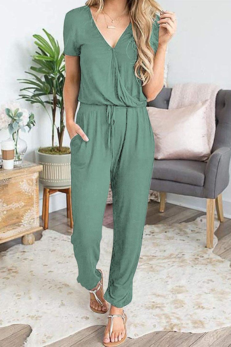 Deep V Neck Wrap Drawstring Waist Jumpsuit PRETTYGARDEN