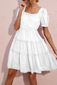 Dot Square Neck FlowyShort Sleeve High Waist Tunic Ruffle Tiered Chiffon Mini Dress PRETTYGARDEN