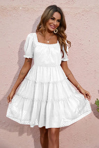 Dot Square Neck FlowyShort Sleeve High Waist Tunic Ruffle Tiered Chiffon Mini Dress PRETTYGARDEN