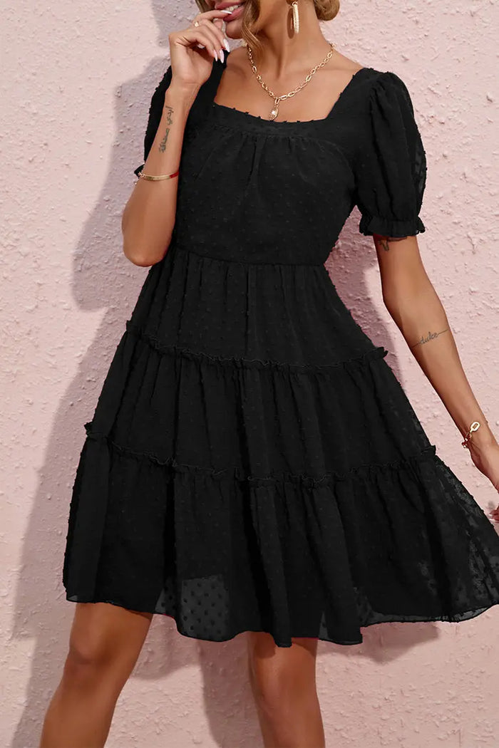 Dot Square Neck FlowyShort Sleeve High Waist Tunic Ruffle Tiered Chiffon Mini Dress PRETTYGARDEN