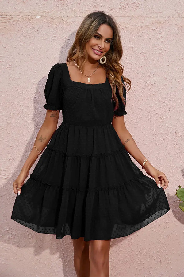 Dot Square Neck FlowyShort Sleeve High Waist Tunic Ruffle Tiered Chiffon Mini Dress PRETTYGARDEN