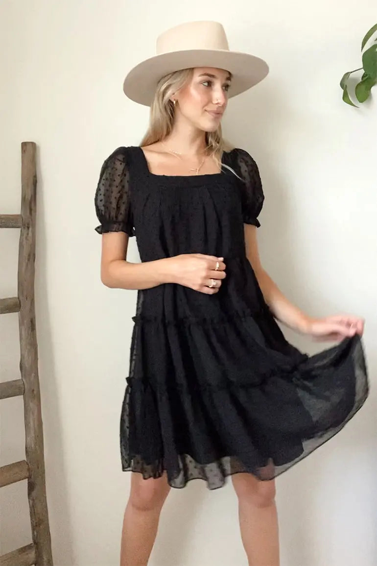 Dot Square Neck FlowyShort Sleeve High Waist Tunic Ruffle Tiered Chiffon Mini Dress PRETTYGARDEN