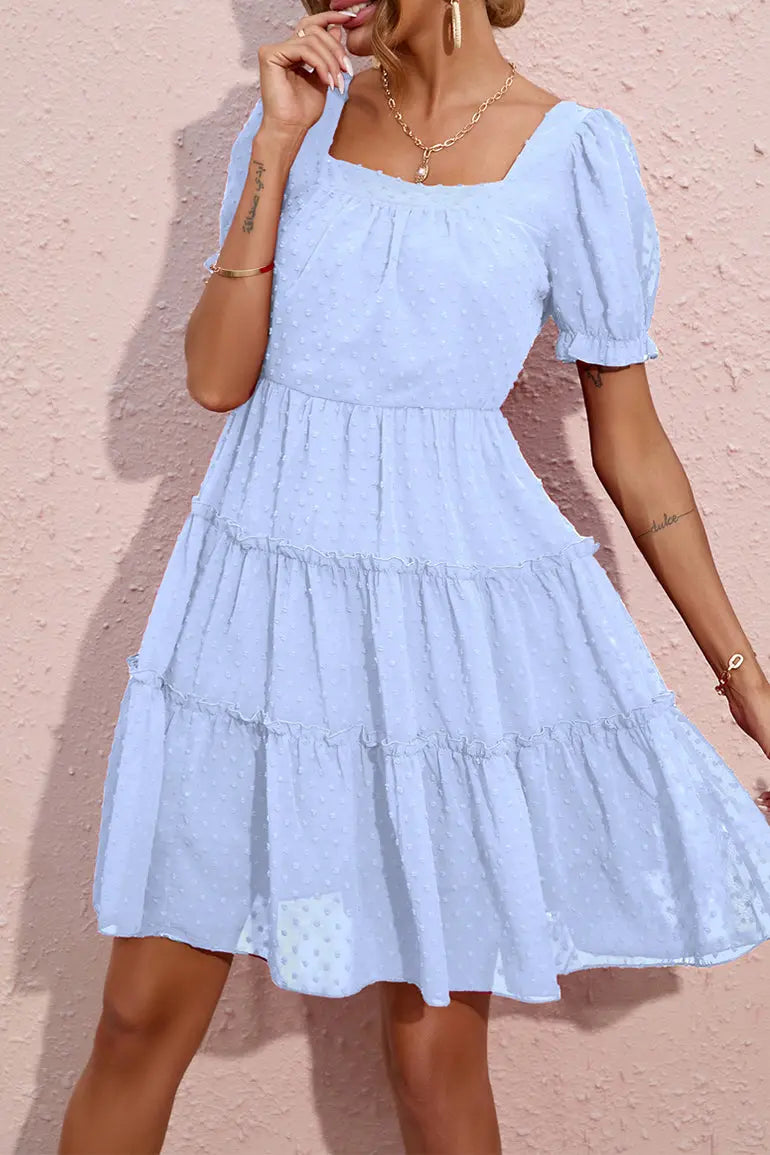 Dot Square Neck FlowyShort Sleeve High Waist Tunic Ruffle Tiered Chiffon Mini Dress PRETTYGARDEN