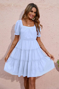 Dot Square Neck FlowyShort Sleeve High Waist Tunic Ruffle Tiered Chiffon Mini Dress PRETTYGARDEN