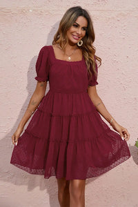 Dot Square Neck FlowyShort Sleeve High Waist Tunic Ruffle Tiered Chiffon Mini Dress PRETTYGARDEN