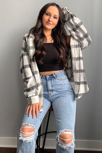 Flannel Button Down Pocketed Plaid Shirt Boyfriend Shacket Jacket PRETTYGARDEN