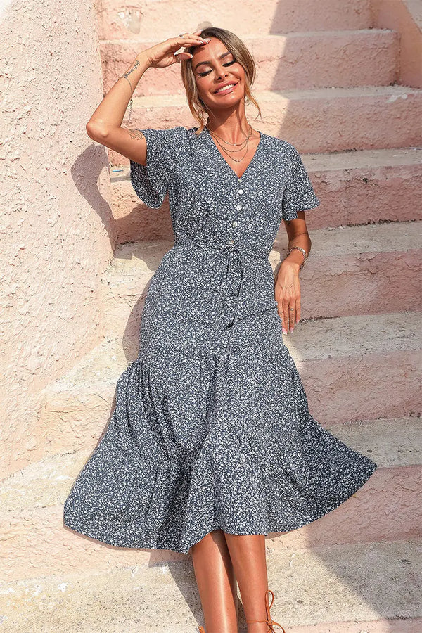 Floral Boho Dress Casual Short Sleeve V Neck Ruffle Tiered Summer Swing Maxi Dresses with Belt PRETTYGARDEN