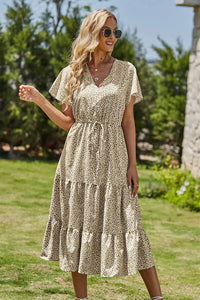 Floral Boho Dress Casual Short Sleeve V Neck Ruffle Tiered Summer Swing Maxi Dresses with Belt PRETTYGARDEN